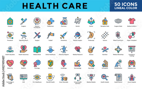 Health Care icons set with hospital, surgeon, general practitioner, pediatrician, pharmacy, dentist, doctor, reception desk, surgeon mask, medical uniform icon. Simple lineal color vector 
