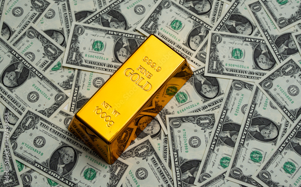 Money dollars gold bar. Saving finance in gold bar. Dollars vs gold bar. Saving money background. Dollar bills vs gold bars. Banknotes and goldbar. Banking and savings. Golden money. Precious metals.