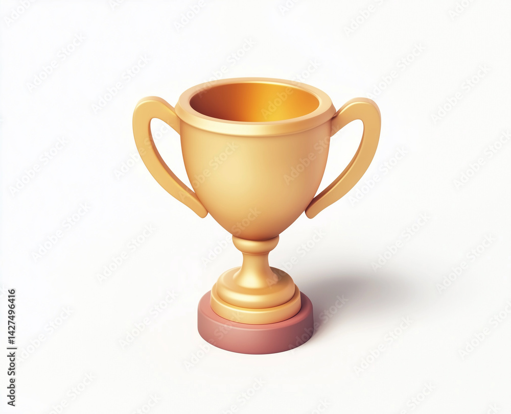 A shiny golden trophy with handles sitting on a pink base against a stark white background scene A shiny golden trophy with handles sitting on a pink base against a stark white background scene