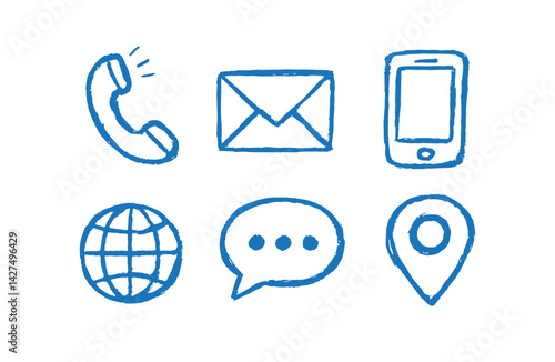 Handdrawn Doodles Communication Icons for Contact Us Section. Casual Business Contact Icons Set with Phone, Mail, and Location.