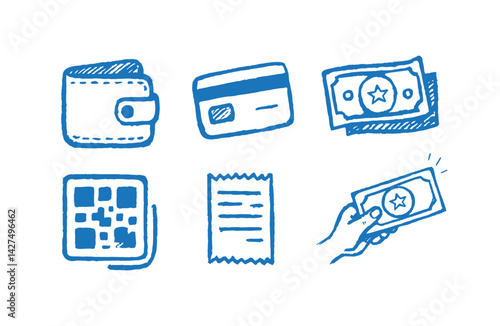 Handdrawn Payment and Money Icon Set in Blue Sketch Style.  Financial Transaction Icons – Wallet, Card, Cash, QR. Sketchy Finance Icons for Mobile Banking and E-Wallet.