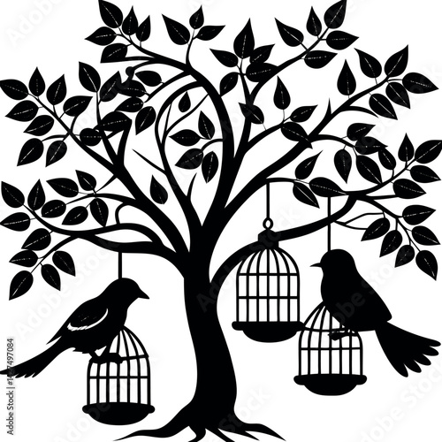 Silhouette of Tree with Birds, Birdcages, Leaves, Branches in Black and White Style