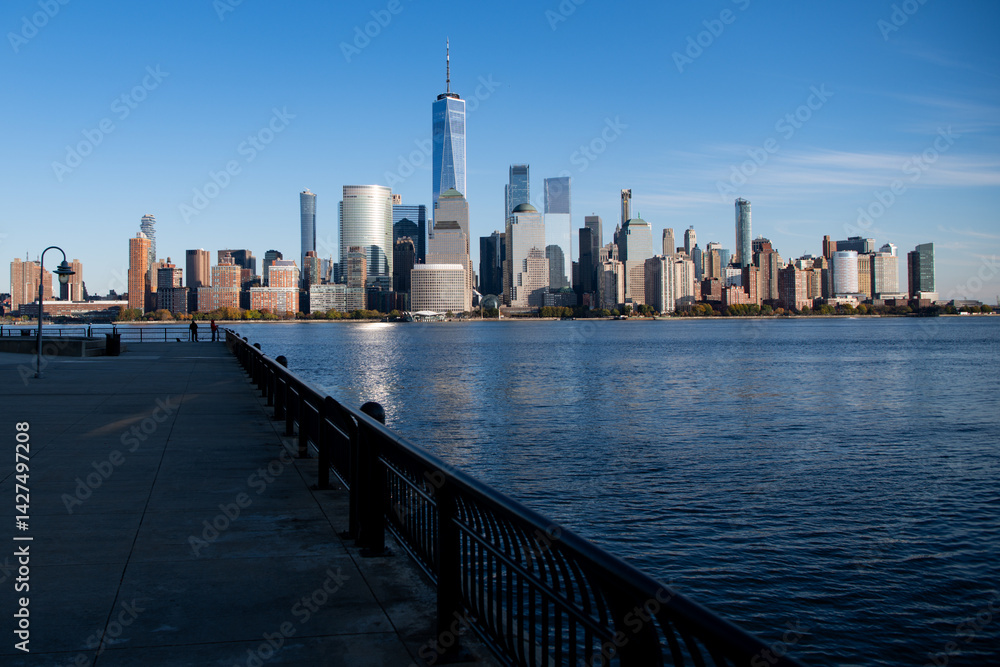 Manhattan's beautiful skyline, New York, United States. Panorama view of New York city skyline in Midtown Manhattan. USA NYC. American big city. Lower Manhattan skyline at sunny day.