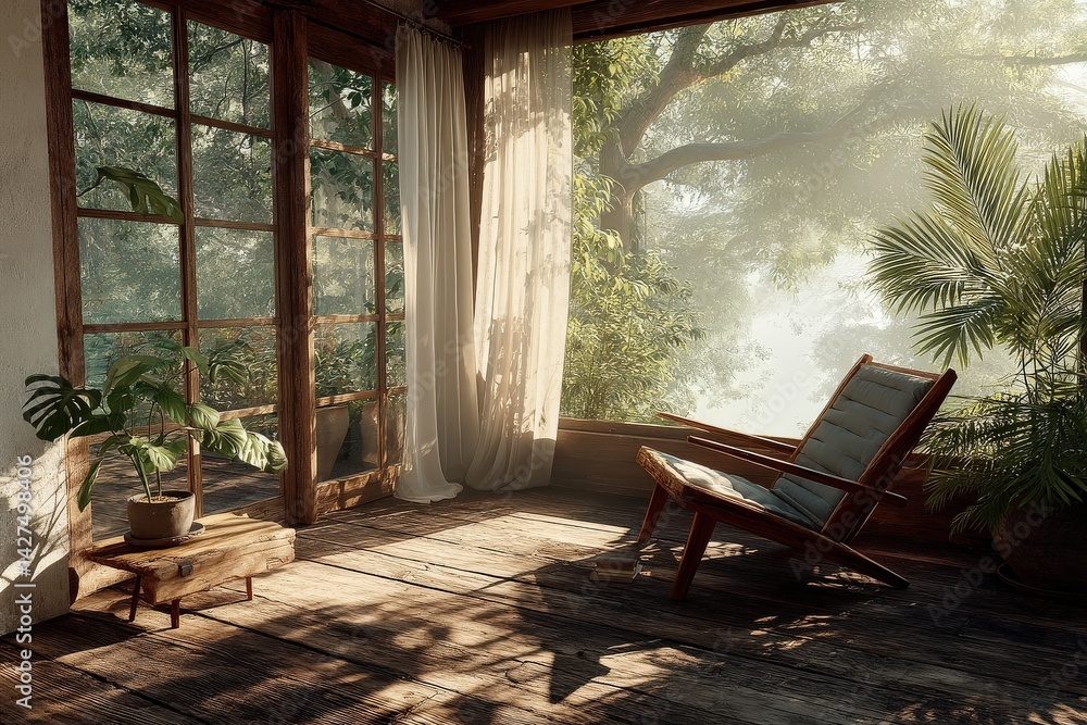 Obraz premium Tranquil wooden sunroom merging seamlessly with lush green foliage