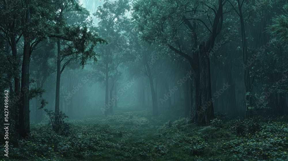 Fototapeta premium Ethereal forest scene shrouded in mist and mystery, evoking a sense of tranquility