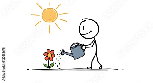 Nurturing Growth: Stick Figure Watering Flower Under Sunshine