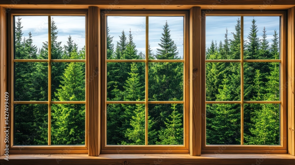 Fototapeta premium Forest viewed through a wooden window creating a cozy natural scene