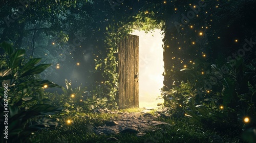 an image of the entrance to a forest with mushrooms and a door leading to a, magic doorway, magical portal gateway