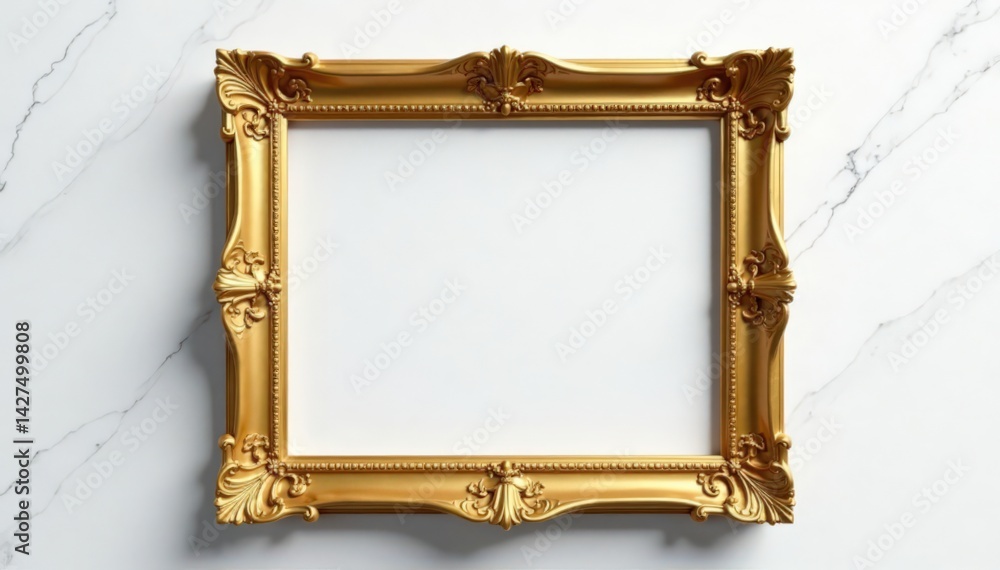 Ancient golden picture frame on a smooth white marble background, picture, art, decorative Ancient golden picture frame on a smooth white marble background, picture, art, decorative