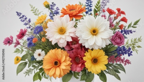 Close-up, colorful watercolor flower arrangement, white backdrop , floral design, realistic watercolor