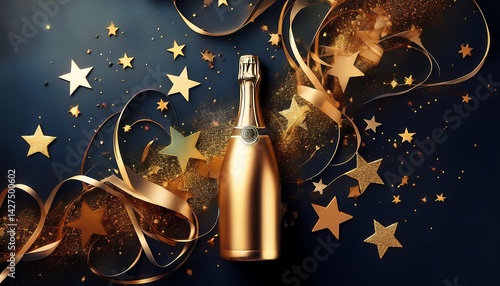 Elegant champagne bottle surrounded by golden stars and sparkling ribbons for celebration and party theme