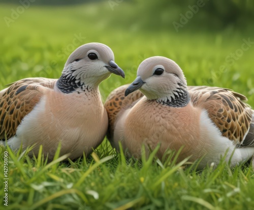 Close-up of two turtle doves preening in vibrant green grass,  plumage,  picture