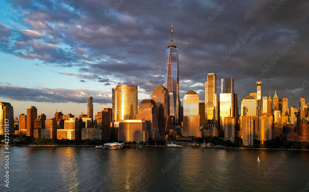 Fototapeta premium NYC skyline with skyscrapers aerial view. Manhattan and Brooklyn on sky. New York City skyline with Hudson River views. Downtown NYC. New York waterfront skyline. Panorama of of New York from top.