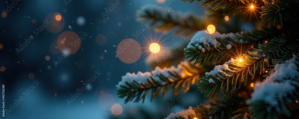 Close-up shot of sparkling Christmas tree lights on a branch with subtle snowflakes falling around it, twinkling stars, soft focus, intricate patterns Close-up shot of sparkling Christmas tree lights on a branch with subtle snowflakes falling around it, twinkling stars, soft focus, intricate patterns