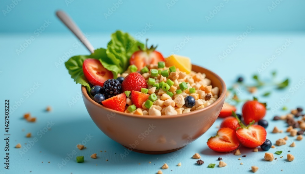Tempting poke bowl in the lower right corner on a powder blue background, in a clean food photography style, with balanced white light radiance, spacious layout, high resolution Tempting poke bowl in the lower right corner on a powder blue background, in a clean food photography style, with balanced white light radiance, spacious layout, high resolution