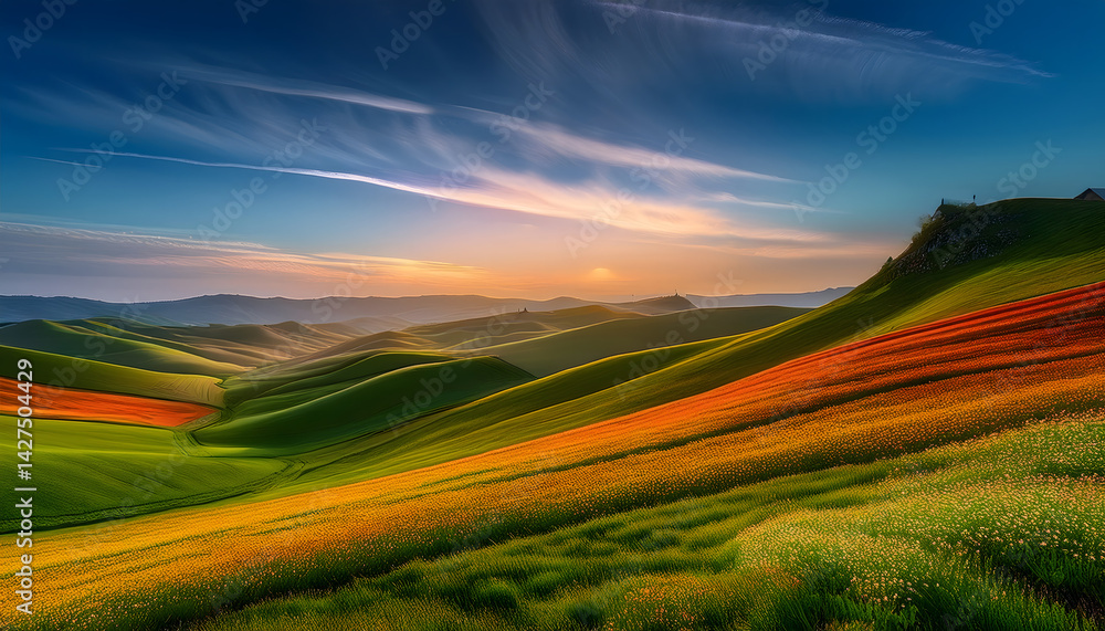 Fototapeta premium Vibrant Rolling Hills Landscape at Sunset Colorful Fields and Dramatic Sky