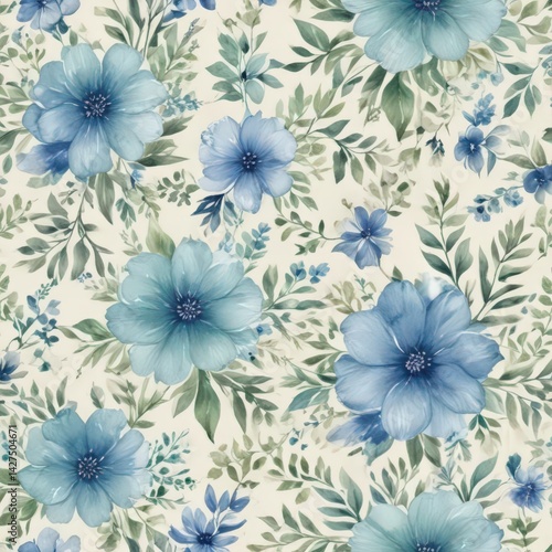 Delicate blue & green watercolor floral pattern on cream  , stylish, subtle