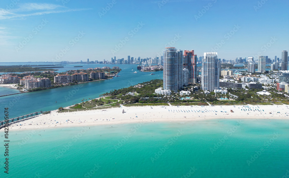 Miami Beach skyline aerial view. Miami city from drone. Tropical Miami scene. Miami district sky view. Famous oceanfront. Panoramic coastline. South beach panorama view. Summer holiday vibes.
