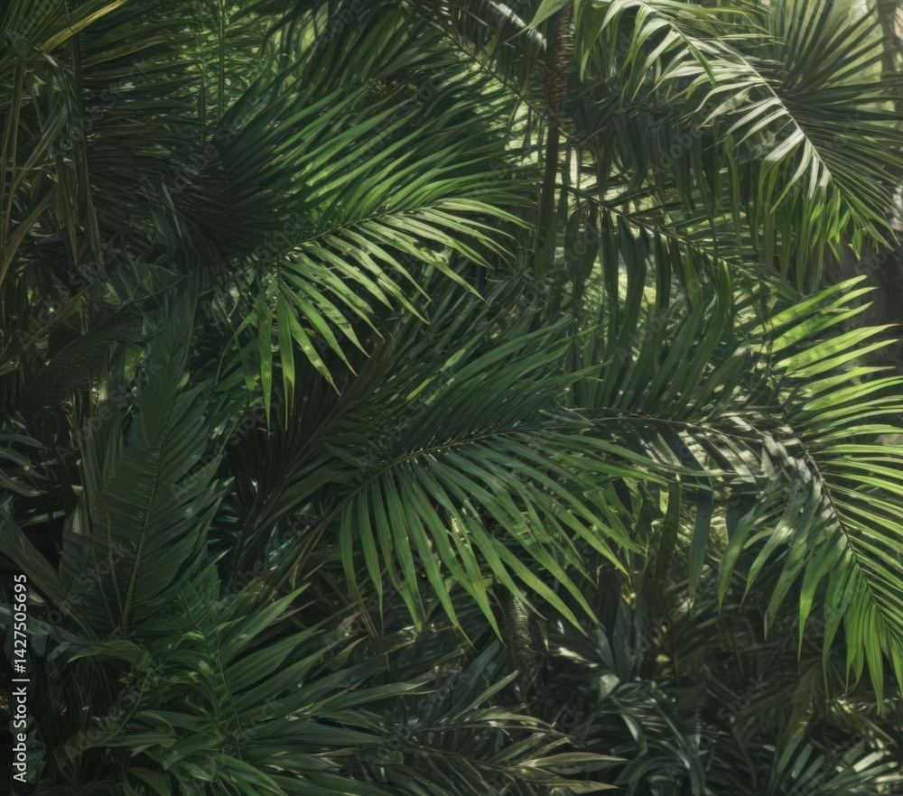 Deep emerald palm fronds, sunlight dappled, rich textures , green leaves, nature background Deep emerald palm fronds, sunlight dappled, rich textures , green leaves, nature background