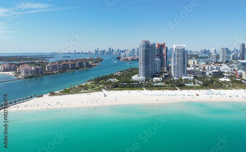 Obraz na płótnie Miami Beach skyline aerial view. Miami city from drone. Tropical Miami scene. Miami district sky view. Famous oceanfront. Panoramic coastline. South beach panorama view. Summer holiday vibes. w salonie