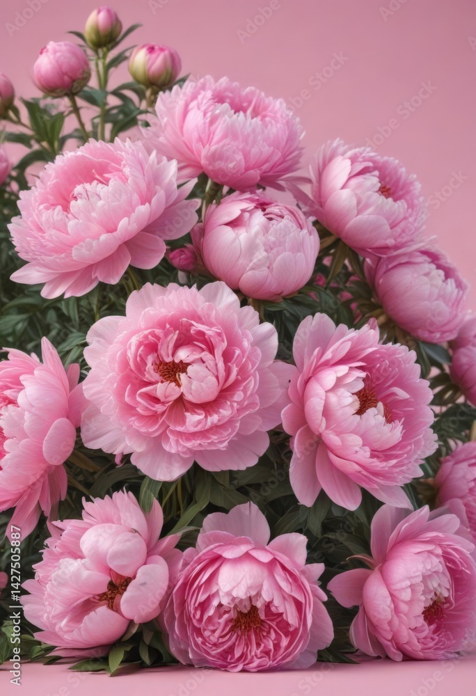 Fototapeta premium Dense cluster of pink peonies, soft pink backdrop, pink background, soft pink