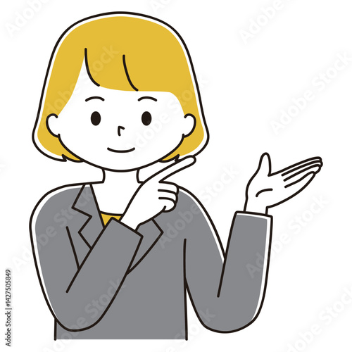 指差しするスーツ姿の女性のイラスト　笑顔　右上