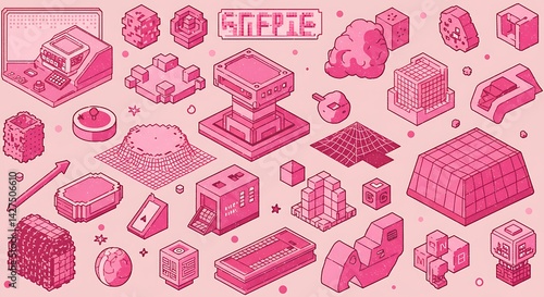 A collection of pink isometric pixel art elements, including game consoles, geometric shapes, and abstract designs, evoking a retro-futuristic vibe.