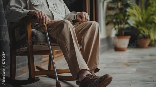 Elderly Man Relaxing in Rocking Chair with Cane in Cozy Indoor Space