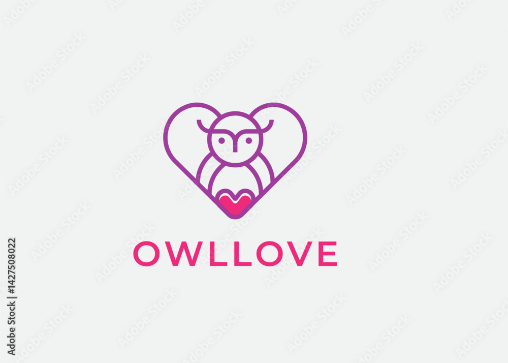 Fototapeta premium Abstract owl logo with heart shape and love text