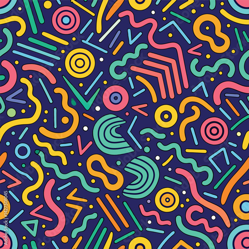 Memphis Mayhem A lively colorful pattern of geometric shapes dances against a deep blue backdrop