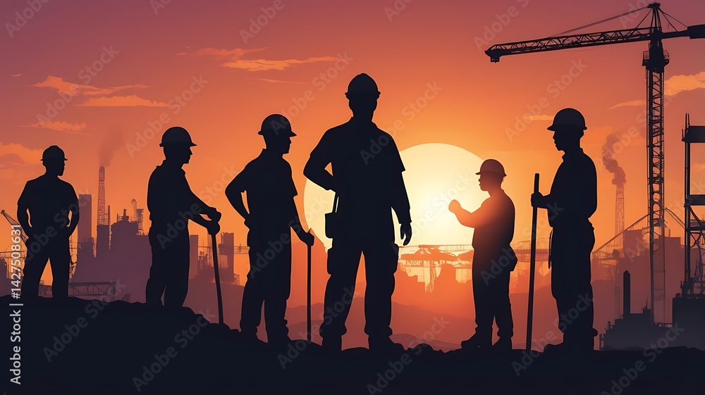 Fototapeta premium Silhouette of Construction Workers at Sunset Teamwork and Industry