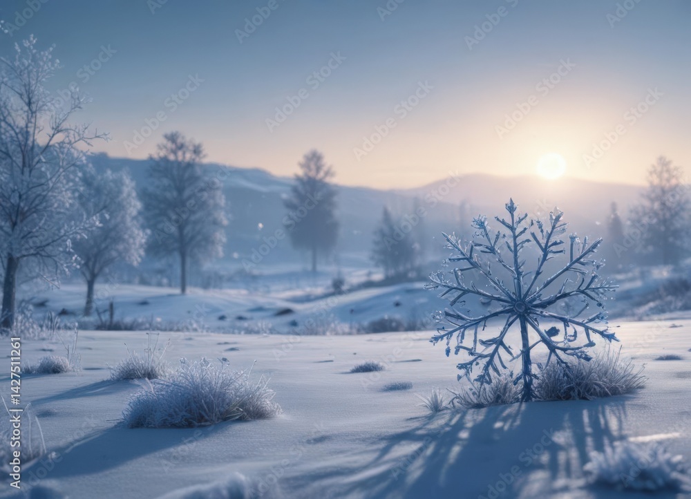 Frosty blue winter landscape, delicate snowflake silhouettes , nature photography, crisp, frozen Frosty blue winter landscape, delicate snowflake silhouettes , nature photography, crisp, frozen
