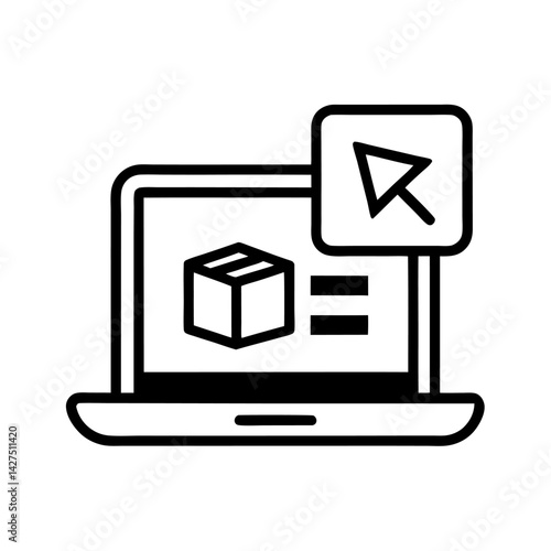 Online Order Processing Icon – Line Art of Laptop with Package and Cursor on White Background