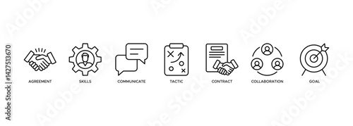 Negotiation banner web icon vector illustration concept for business deal agreement and collaboration with icon of skills, communicate, tactic, contract, and goal