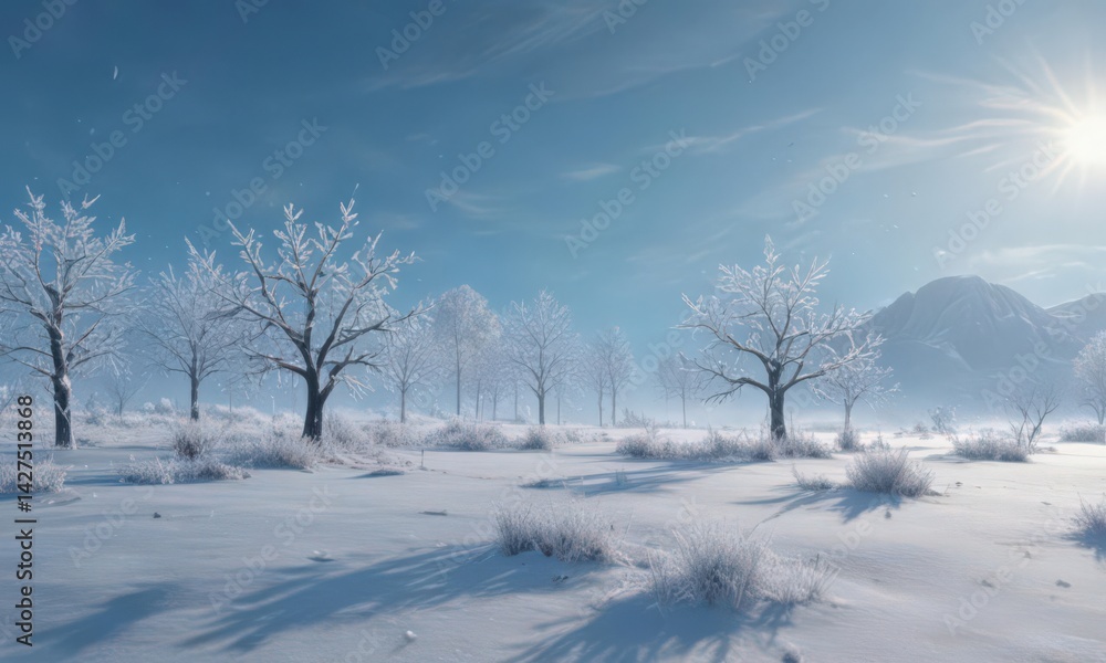 Frozen winter scene with ethereal snowflake silhouettes against a frosty blue sky , ethereal, icy Frozen winter scene with ethereal snowflake silhouettes against a frosty blue sky , ethereal, icy