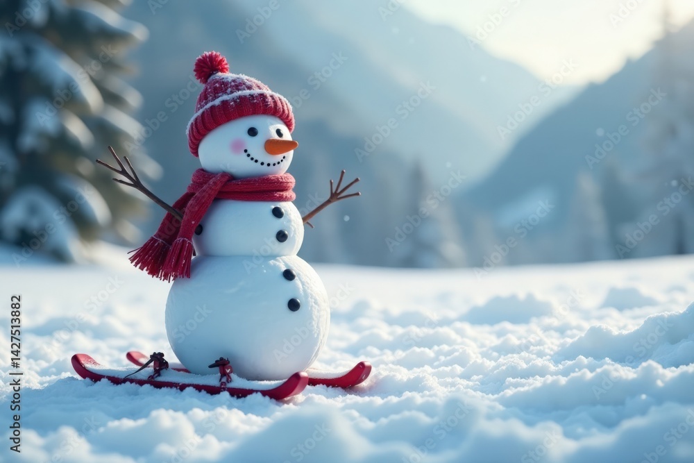 Obraz premium Frosty snowman standing alone in empty snowy field with skis and sled, frosty atmosphere, winter scene, snowy terrain