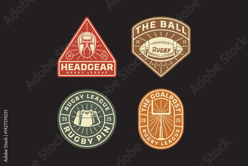 rugby headgear, helmet, ball, rugby tee pin, goal, goal pole, goalpost retro vintage badge logo vector design collection for american football and rugby player, sport, club, league and merchandise