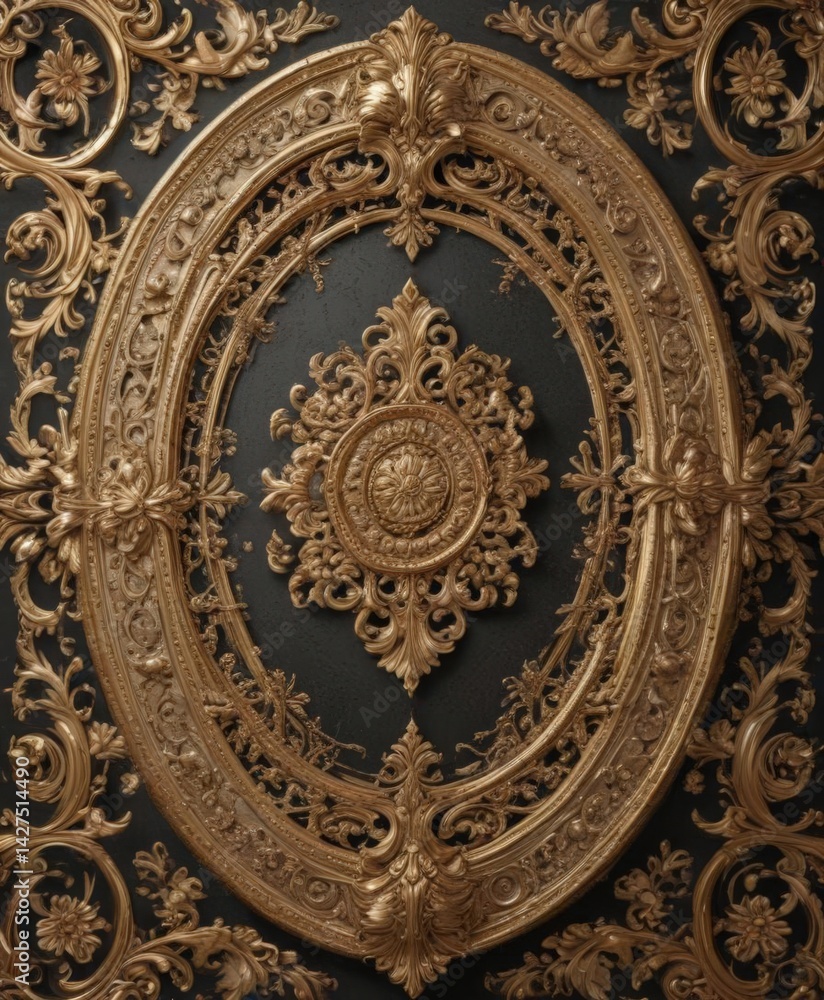 Gilded oval with intricate floral details, showcasing a royal emblem , design, oval Gilded oval with intricate floral details, showcasing a royal emblem , design, oval