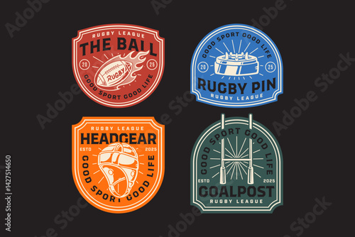 rugby fireball, ball, helmet, headgear, rugby tee pin, goalpost, goal pole retro vintage badge logo vector design set for american football and rugby player, sport, club, league and merchandise