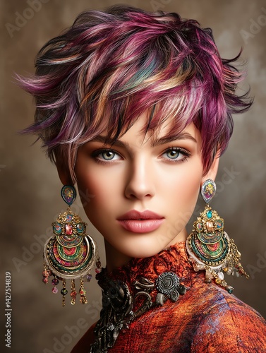 Colorful Fashion Hairstyle Portrait of Women in Futuristic Style Colorful Fashion Hairstyle Portrait of Women in Futuristic Style A close-up portrait of a young woman 
