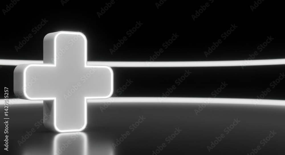 Fototapeta premium Glowing White Cross Symbol in a Dark Futuristic Setting, Neon Lights Reflecting on Glossy Surface