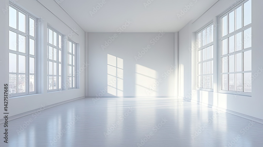 Fototapeta premium Bright spacious room interior with large windows minimalist design pure white background aesthetic view
