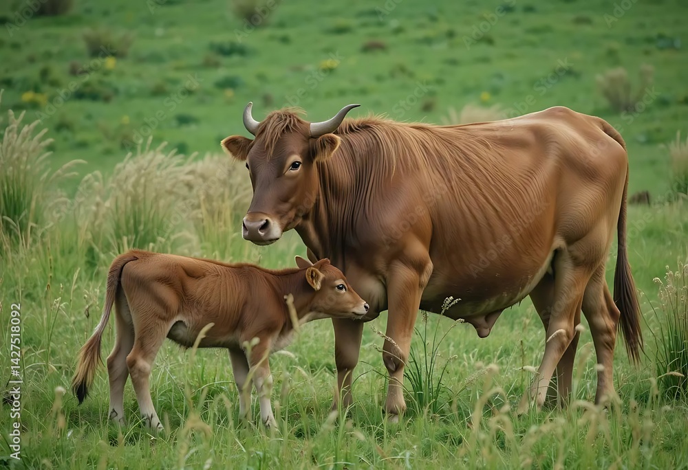 Fototapeta premium Brown Cow and Calf in Serene Pasture: Rustic Pastoral Scene