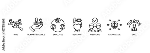 Onboarding banner web icon vector illustration concept for human resources business industry to introduce newly hired employee into an organization with behavior, welcome, knowledge, and skills icon