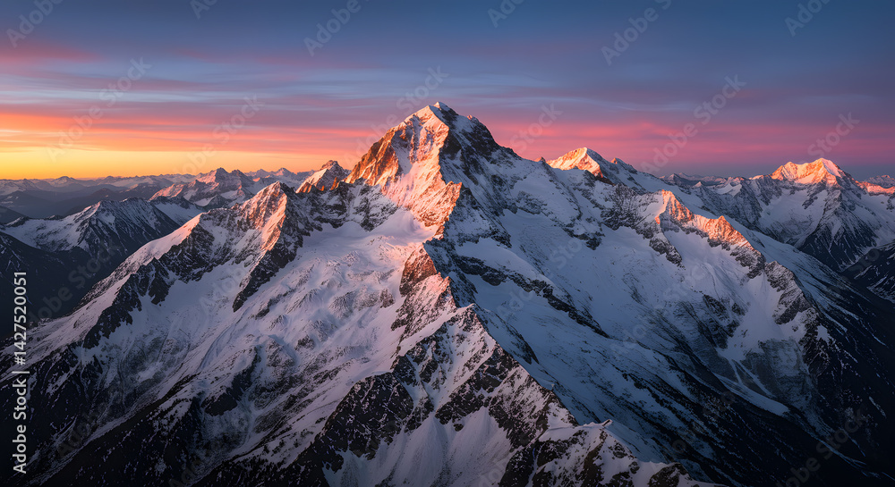 Fototapeta premium Snowy Mountain Peaks at Sunset with Pink and Orange Sky