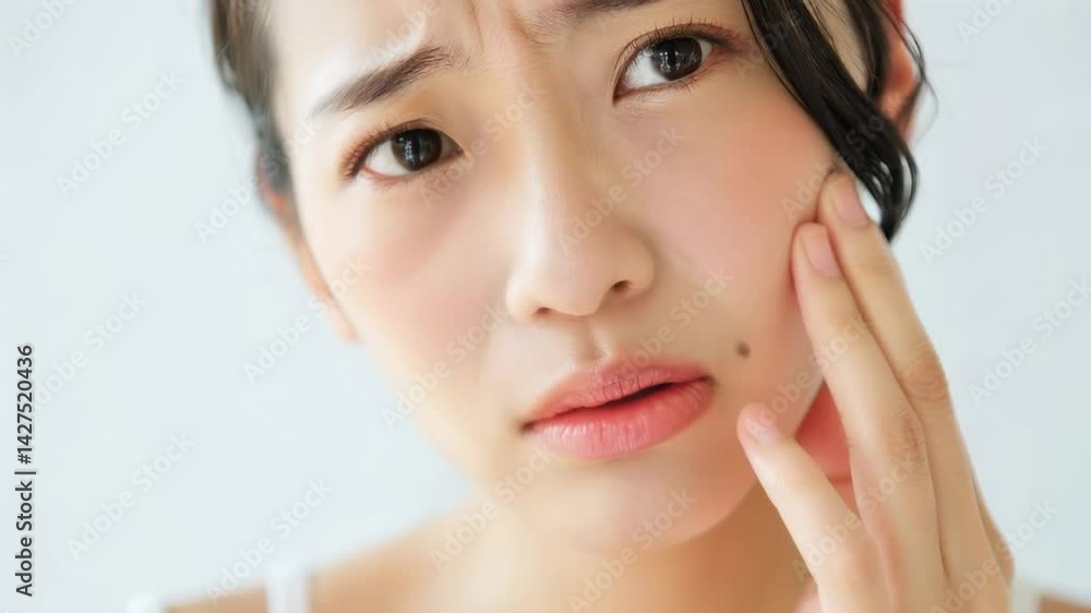 つらい肌悩みと歯の痛みに憂鬱な表情の日本人女性 (スキンケア・体調不良・ストレス) つらい肌悩みと歯の痛みに憂鬱な表情の日本人女性 (スキンケア・体調不良・ストレス)