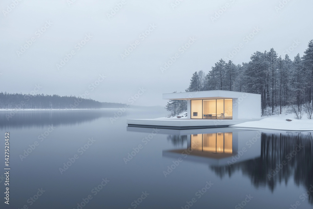 Fototapeta premium Modular Floating House on Calm Lake with Clean White Surfaces, Glass, Wood Accents & Smart Home Features