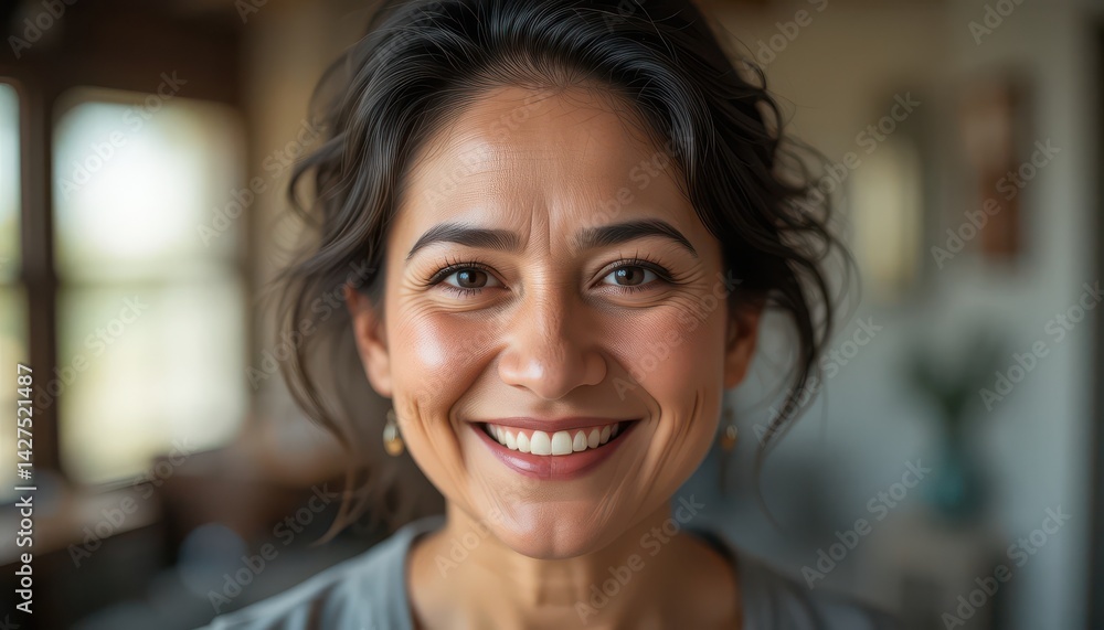 Woman Smiling Warmly in Natural Light Indoor Setting Portrait Woman Smiling Warmly in Natural Light Indoor Setting Portrait