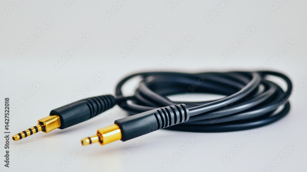 Audio cable coiled on white surface Audio cable coiled on white surface