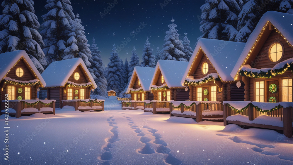 Magical snow covered village glowing warmly under a starry Christmas night with soft light and snowy Magical snow covered village glowing warmly under a starry Christmas night with soft light and snowy